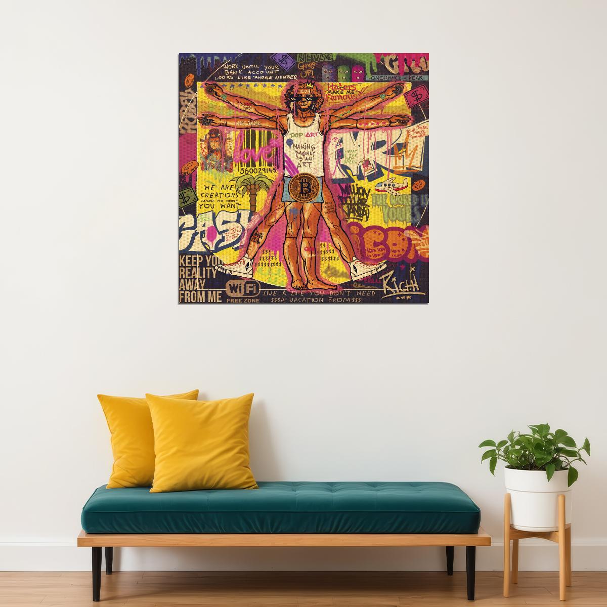 Vitruvian Man Bitcoin Poster Graffiti Pop Art Modern Crypto Artwork