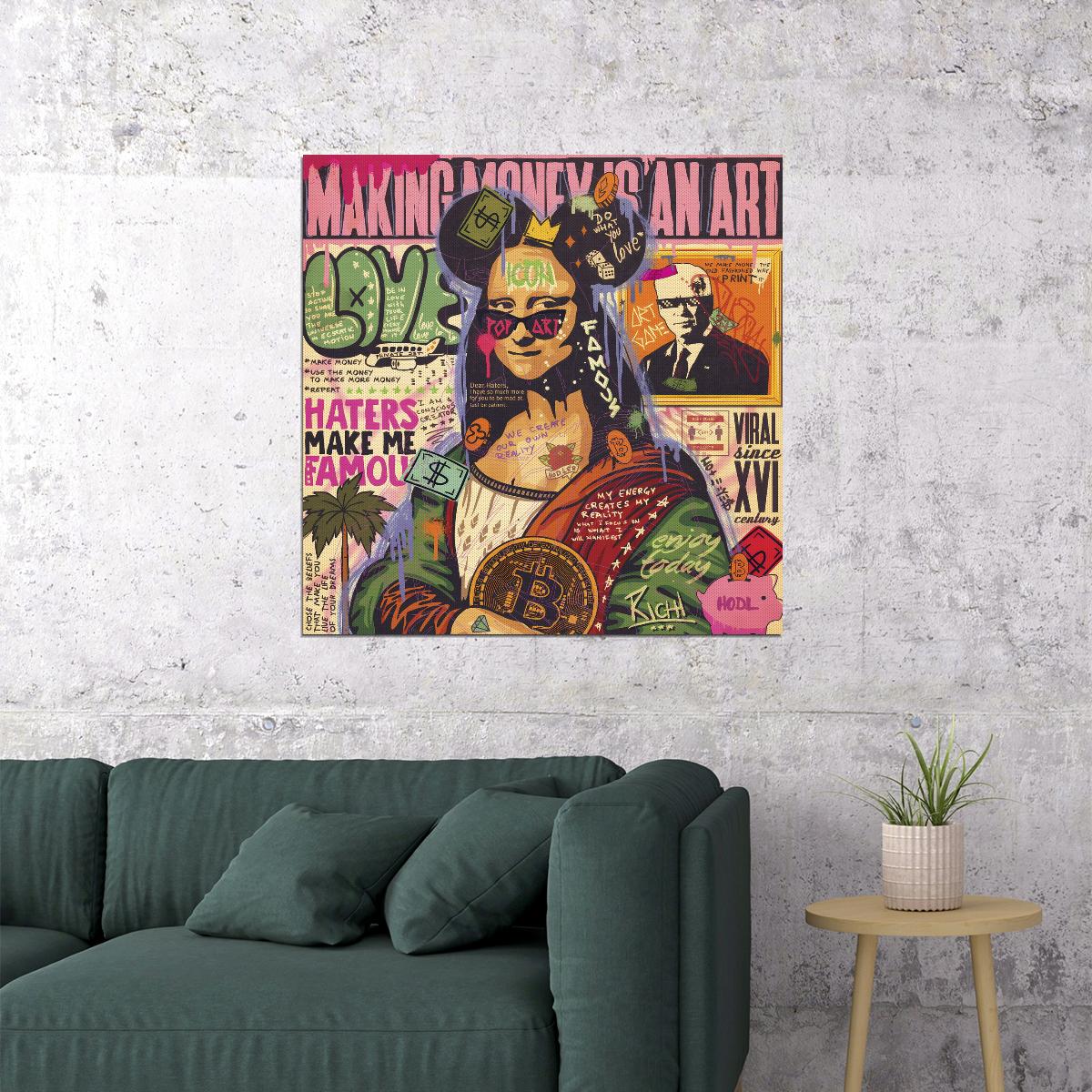 Mona Lisa Bitcoin Graffiti Pop Art Poster Modern Street Art Leonardo da Vinci Tribute Print