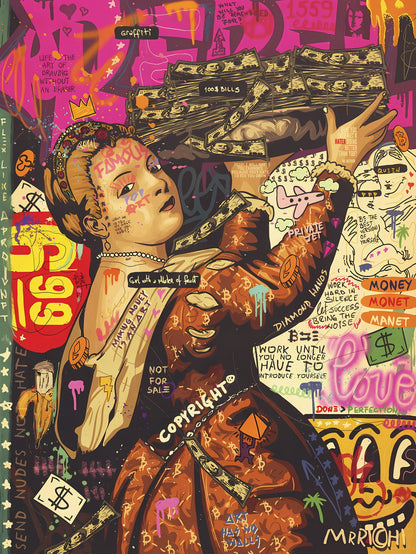 Renaissance Noblewoman Flex Pop Art Poster Graffiti Street Art Money Theme Modern Twist Print