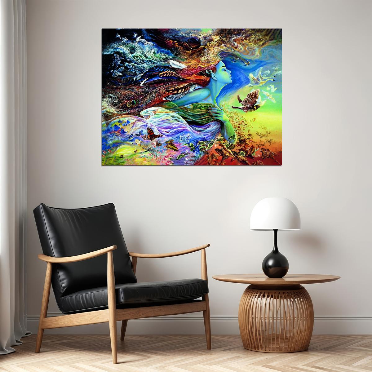 Nature Goddess Fantasy Art Poster Colorful Surreal Artwork Mythical Elements Birds and Butterflies Modern Wall Art Print