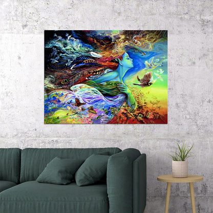 Nature Goddess Fantasy Art Poster Colorful Surreal Artwork Mythical Elements Birds and Butterflies Modern Wall Art Print