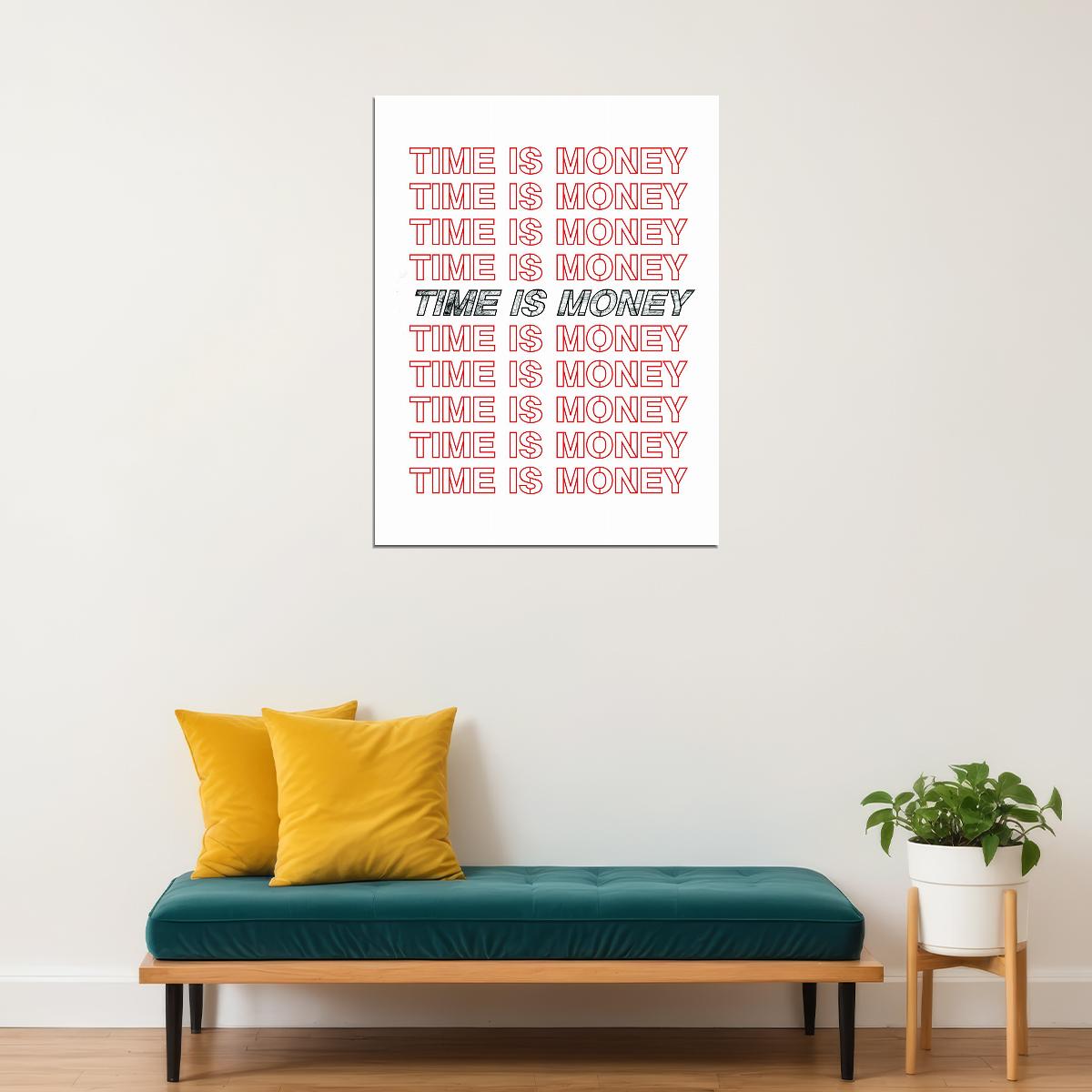 Time Is Money Pink Text Art Poster Minimalist Wall Decor Featuring Repeated Typography Design Modern Office Wall Art Print