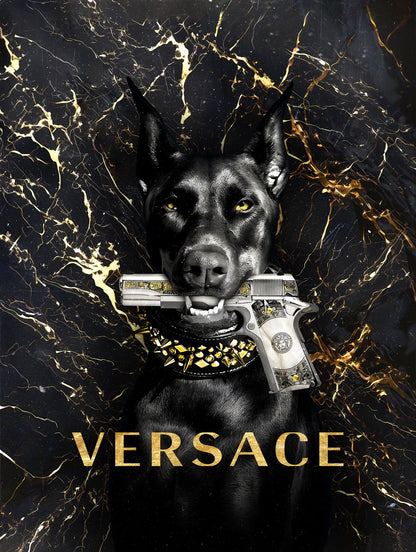 Versace Dog Gun Art Poster Bold Luxury Wall Decor Designer Iconic Modern Unique Artistic Office Wall Art Print