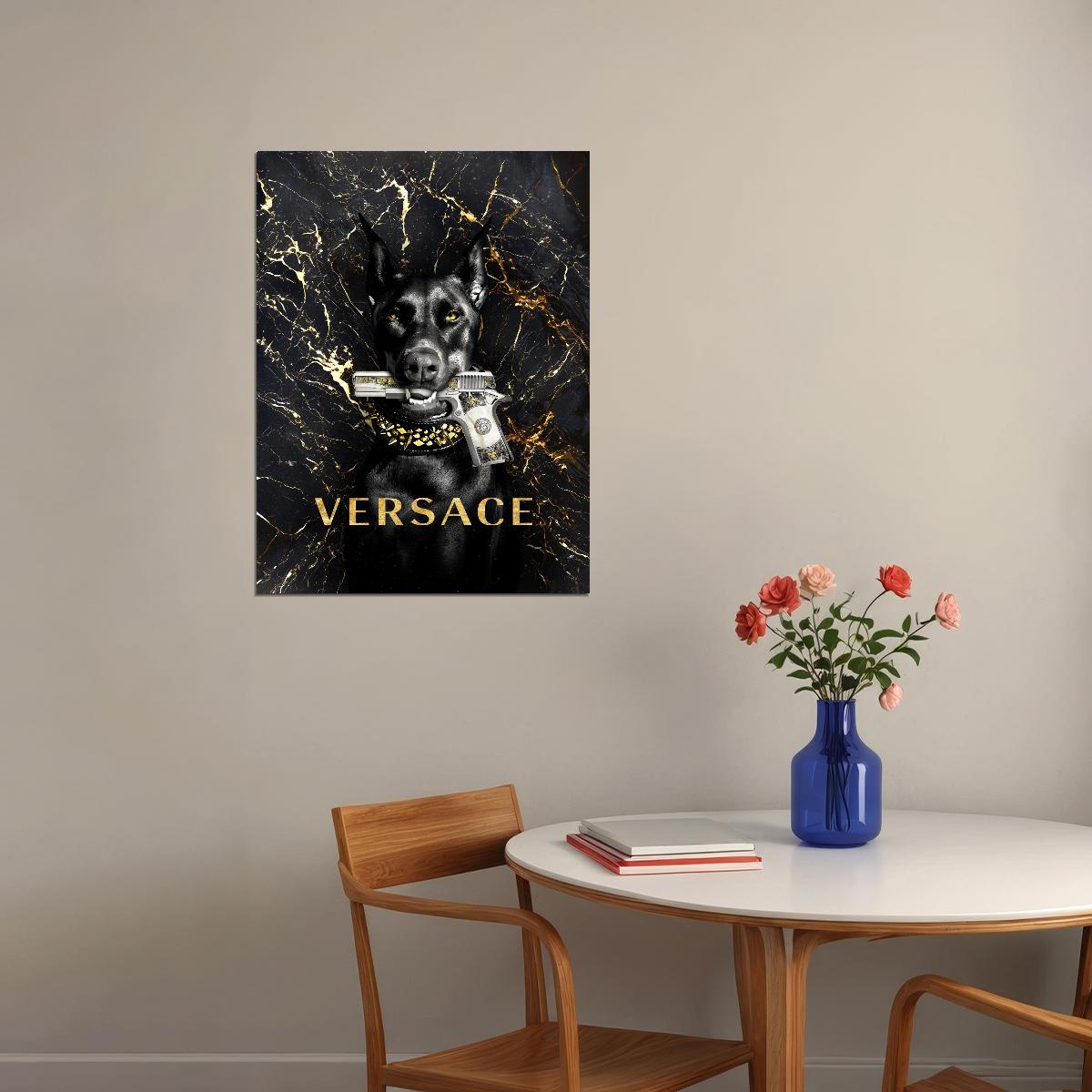 Versace Dog Gun Art Poster Bold Luxury Wall Decor Designer Iconic Modern Unique Artistic Office Wall Art Print