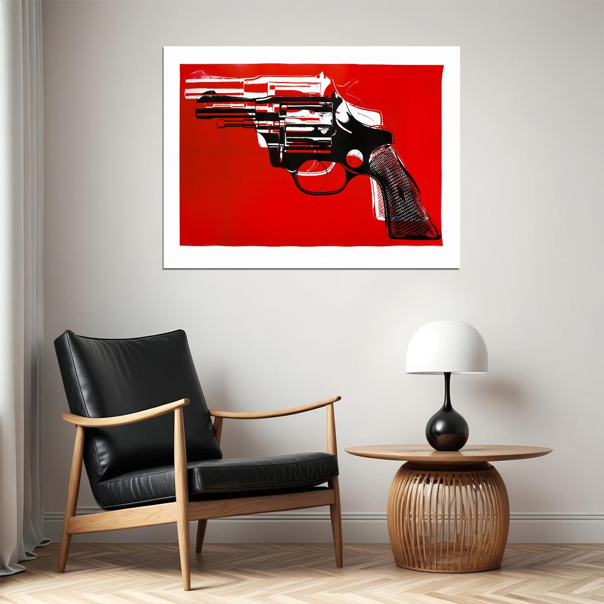 Red Revolver Art Poster Bold Designer Wall Decor Modern Artistic Style Unique Iconic Office Wall Art Print