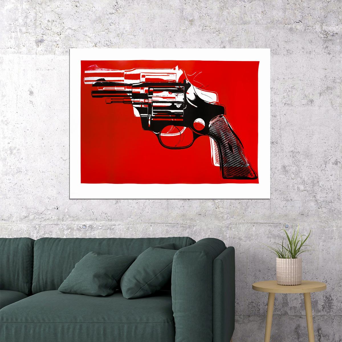 Red Revolver Art Poster Bold Designer Wall Decor Modern Artistic Style Unique Iconic Office Wall Art Print