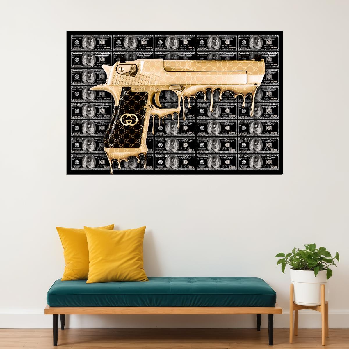 Golden Pistol Art Poster Luxury Wall Decor Bold Designer Modern Artistic Style Unique Iconic Office Wall Art Print