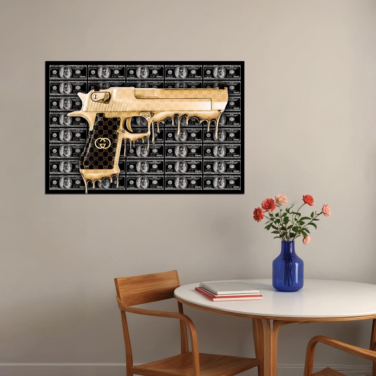 Golden Pistol Art Poster Luxury Wall Decor Bold Designer Modern Artistic Style Unique Iconic Office Wall Art Print