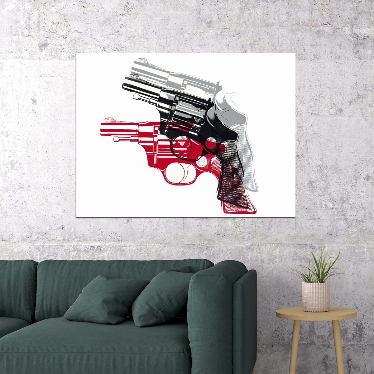 Red and White Revolver Art Poster Modern Designer Wall Decor Bold Artistic Style Unique Office Wall Art for Contemporary Spaces