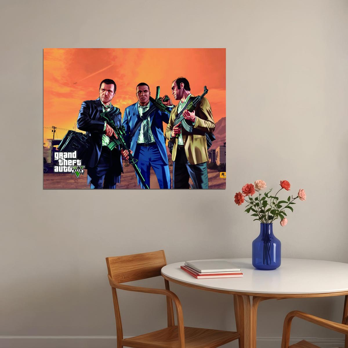 Grand Theft Auto V Cast Video Game Poster Rockstar Action Adventure Wall Decor Open World Gaming Artwork Wall Print