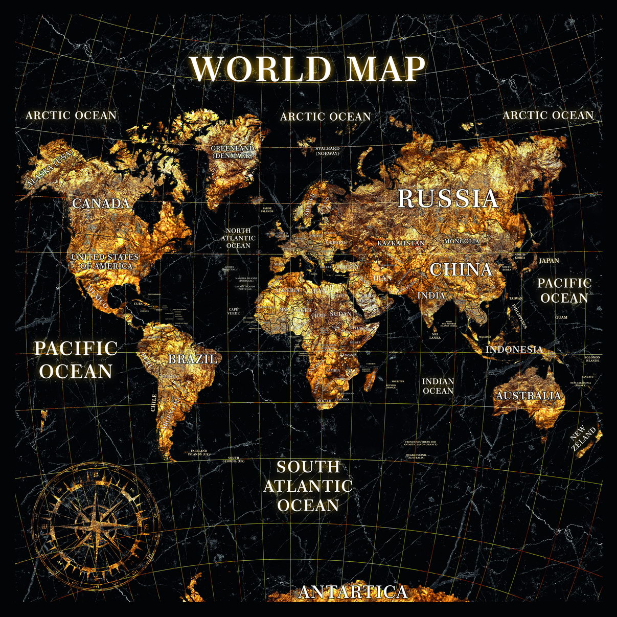 World Map Art Poster Gold Foil Style Wall Decor Modern Travel Themed Map Artwork Unique Artistic Wall Print