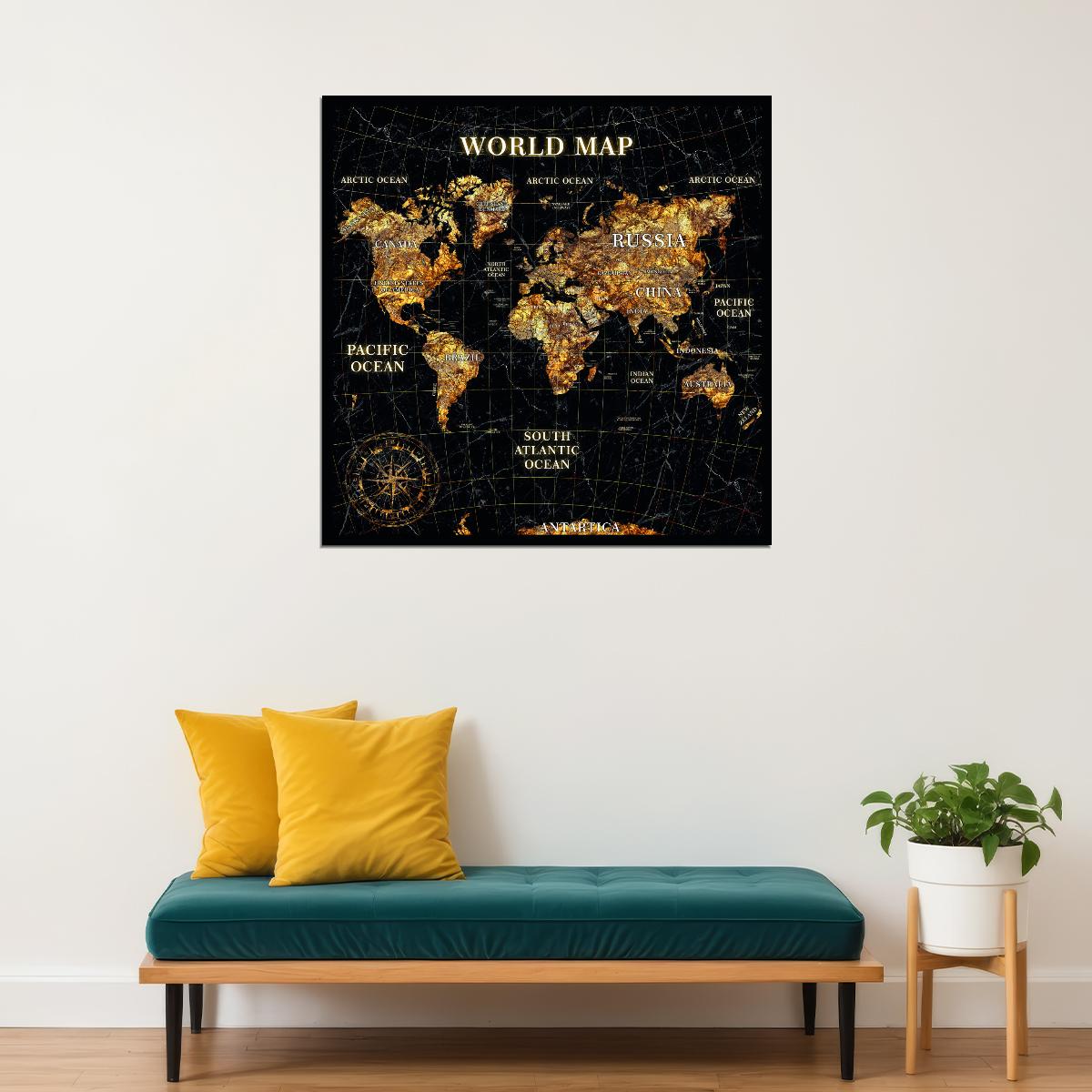 World Map Art Poster Gold Foil Style Wall Decor Modern Travel Themed Map Artwork Unique Artistic Wall Print