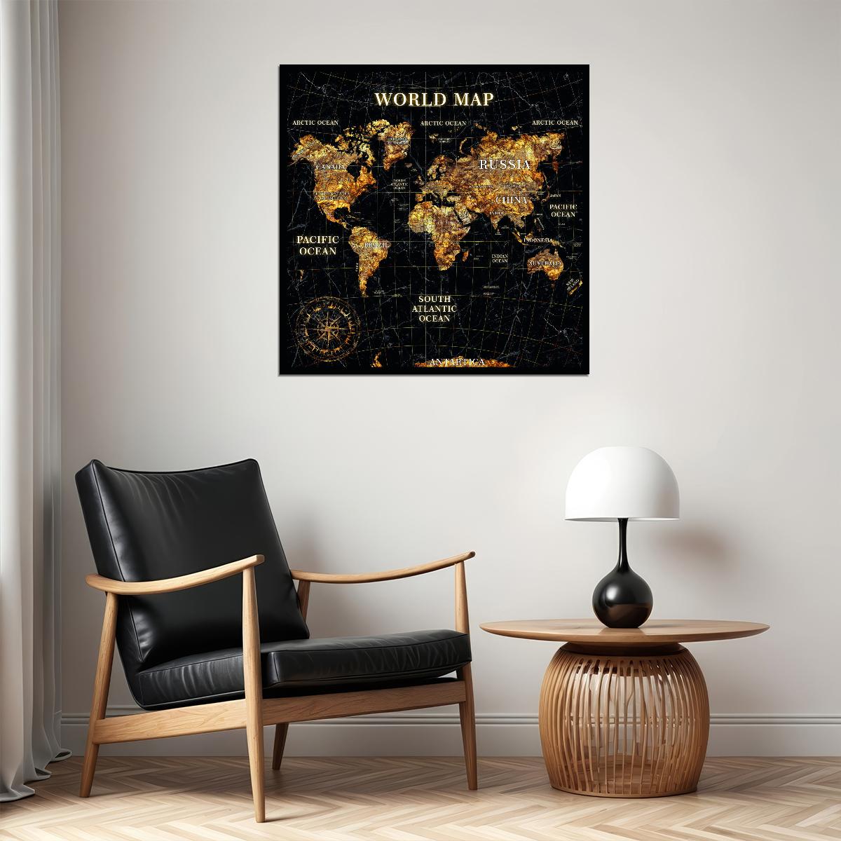 World Map Art Poster Gold Foil Style Wall Decor Modern Travel Themed Map Artwork Unique Artistic Wall Print