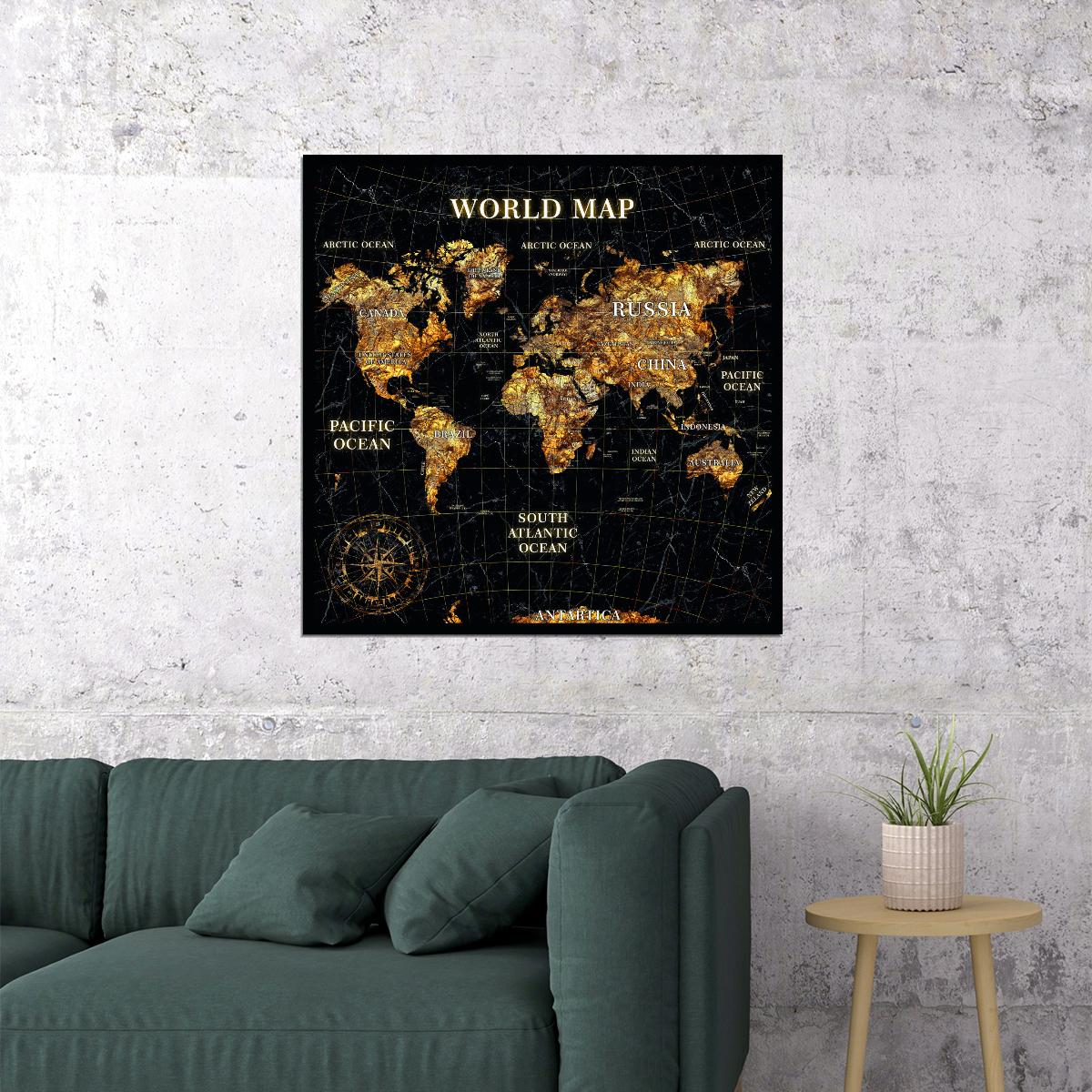 World Map Art Poster Gold Foil Style Wall Decor Modern Travel Themed Map Artwork Unique Artistic Wall Print