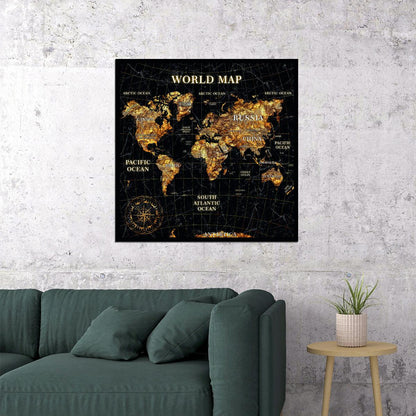 World Map Art Poster Gold Foil Style Wall Decor Modern Travel Themed Map Artwork Unique Artistic Wall Print