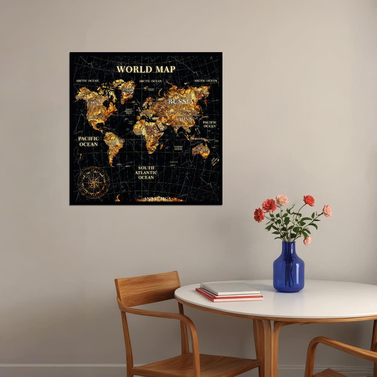 World Map Art Poster Gold Foil Style Wall Decor Modern Travel Themed Map Artwork Unique Artistic Wall Print