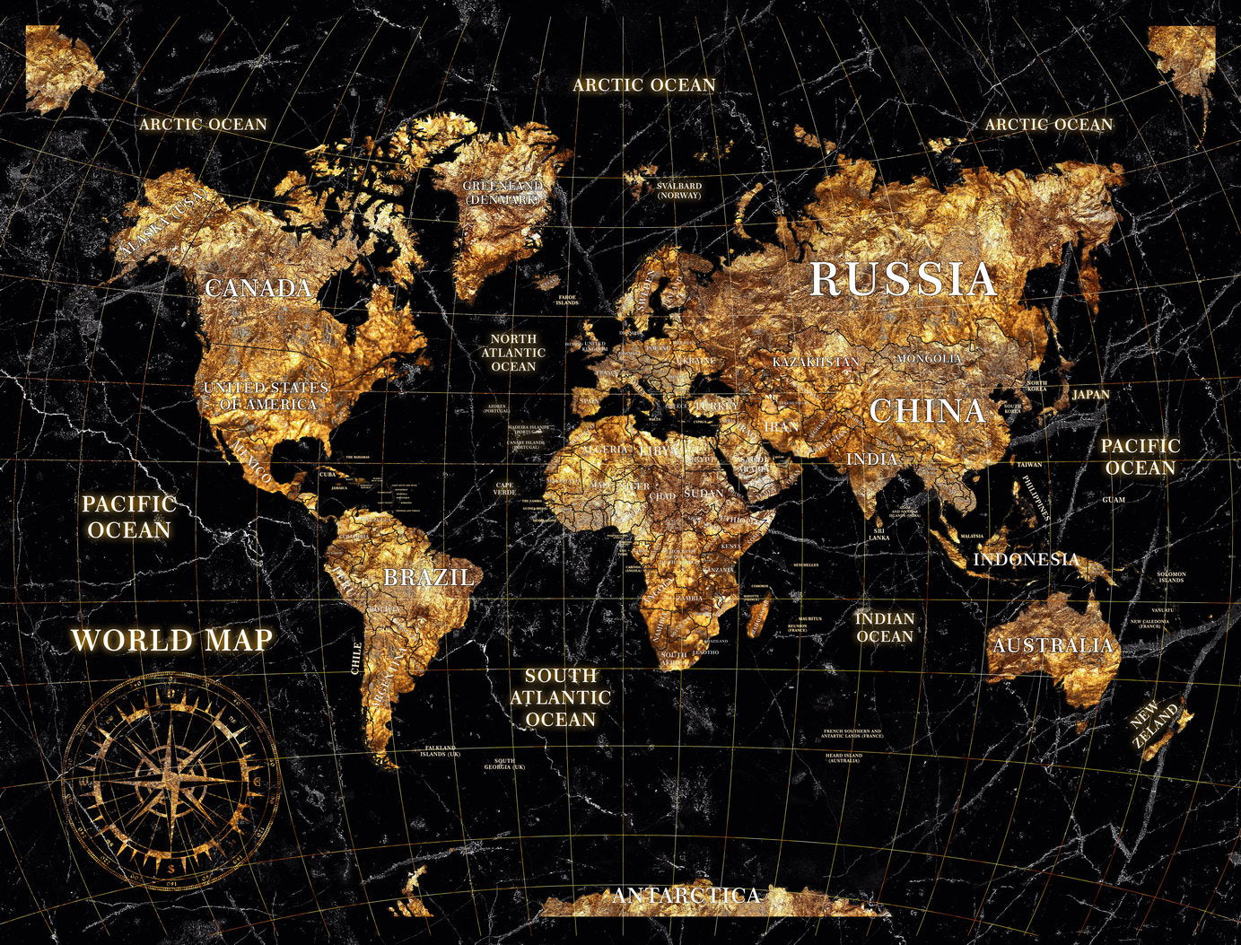 World Map Art Poster Black Gold Foil Wall Decor Luxury Travel Themed Map Modern Artistic Wall Print