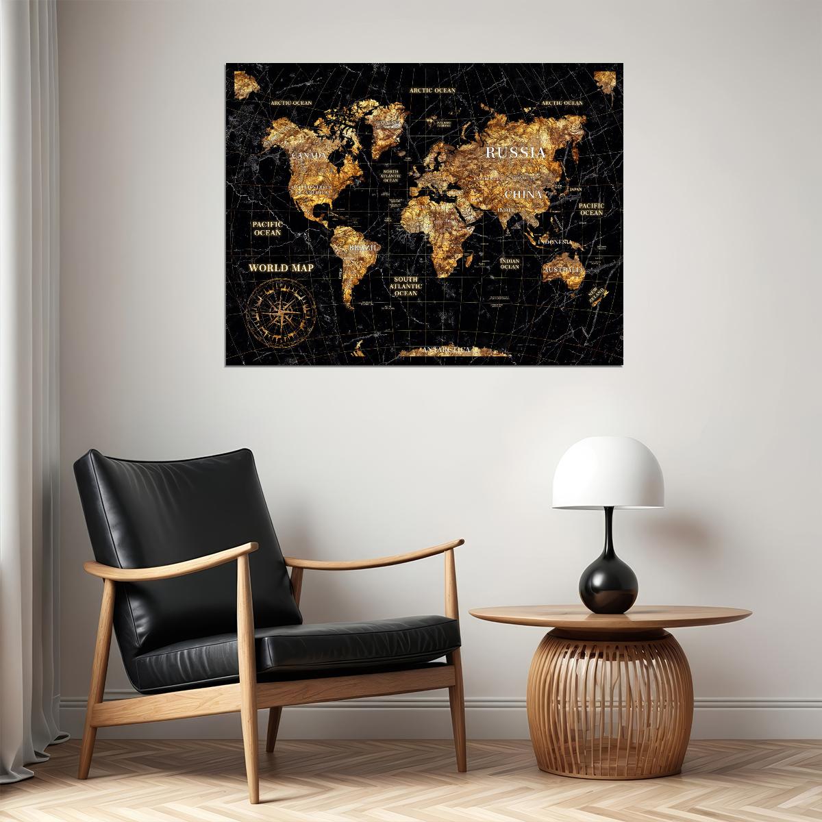 World Map Art Poster Black Gold Foil Wall Decor Luxury Travel Themed Map Modern Artistic Wall Print