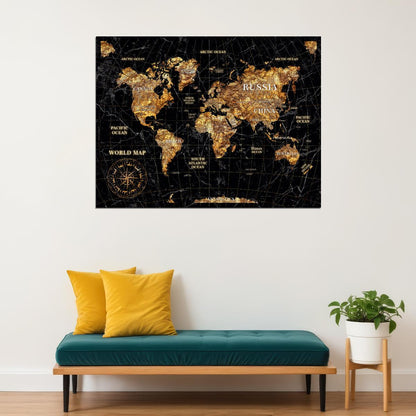 World Map Art Poster Black Gold Foil Wall Decor Luxury Travel Themed Map Modern Artistic Wall Print