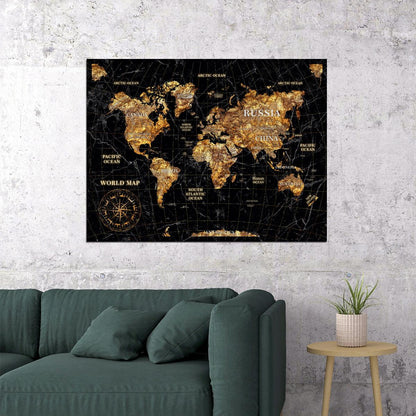 World Map Art Poster Black Gold Foil Wall Decor Luxury Travel Themed Map Modern Artistic Wall Print