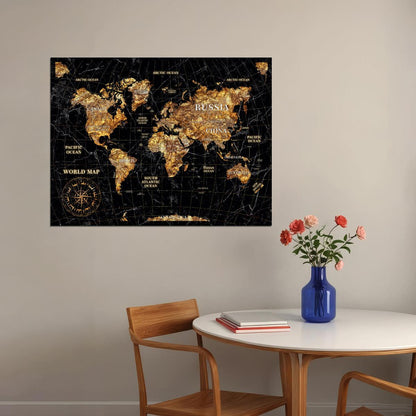 World Map Art Poster Black Gold Foil Wall Decor Luxury Travel Themed Map Modern Artistic Wall Print