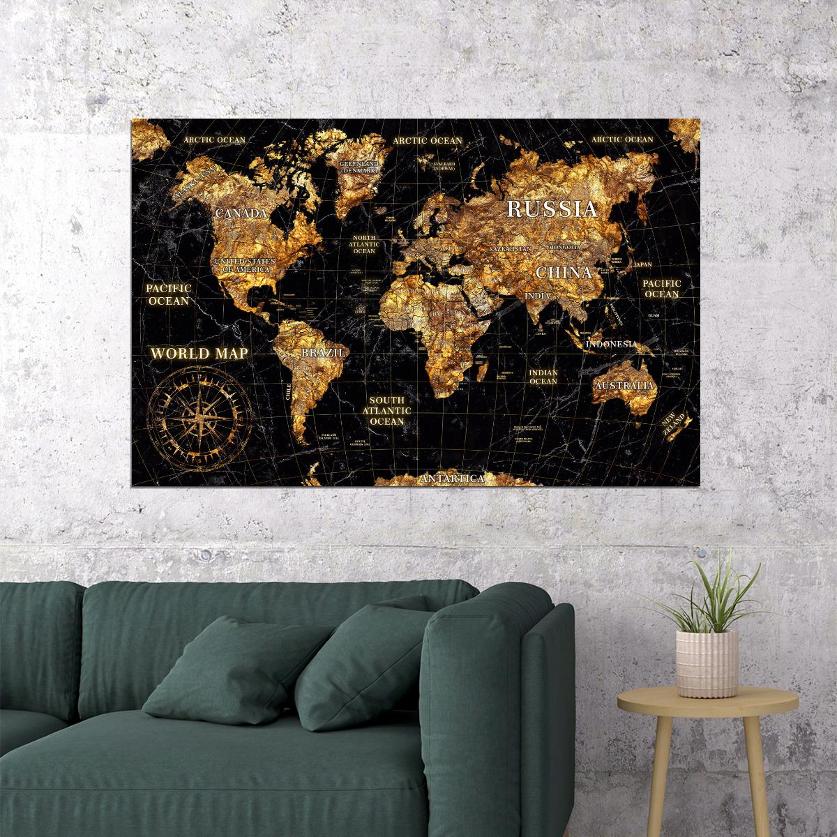 World Map Art Poster Black and Gold Wall Decor Luxury Travel Themed Map Design Modern Artistic Wall Print