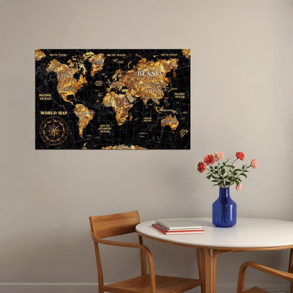 World Map Art Poster Black and Gold Wall Decor Luxury Travel Themed Map Design Modern Artistic Wall Print