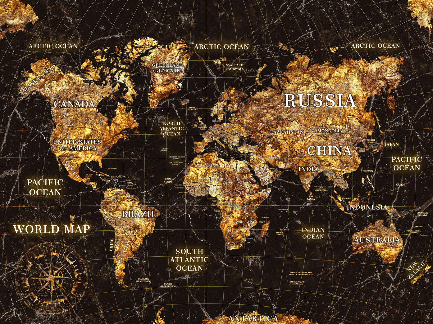World Map Art Poster Vintage Gold Style Wall Decor Travel Themed Artistic Design Unique Map Wall Print - xonomax