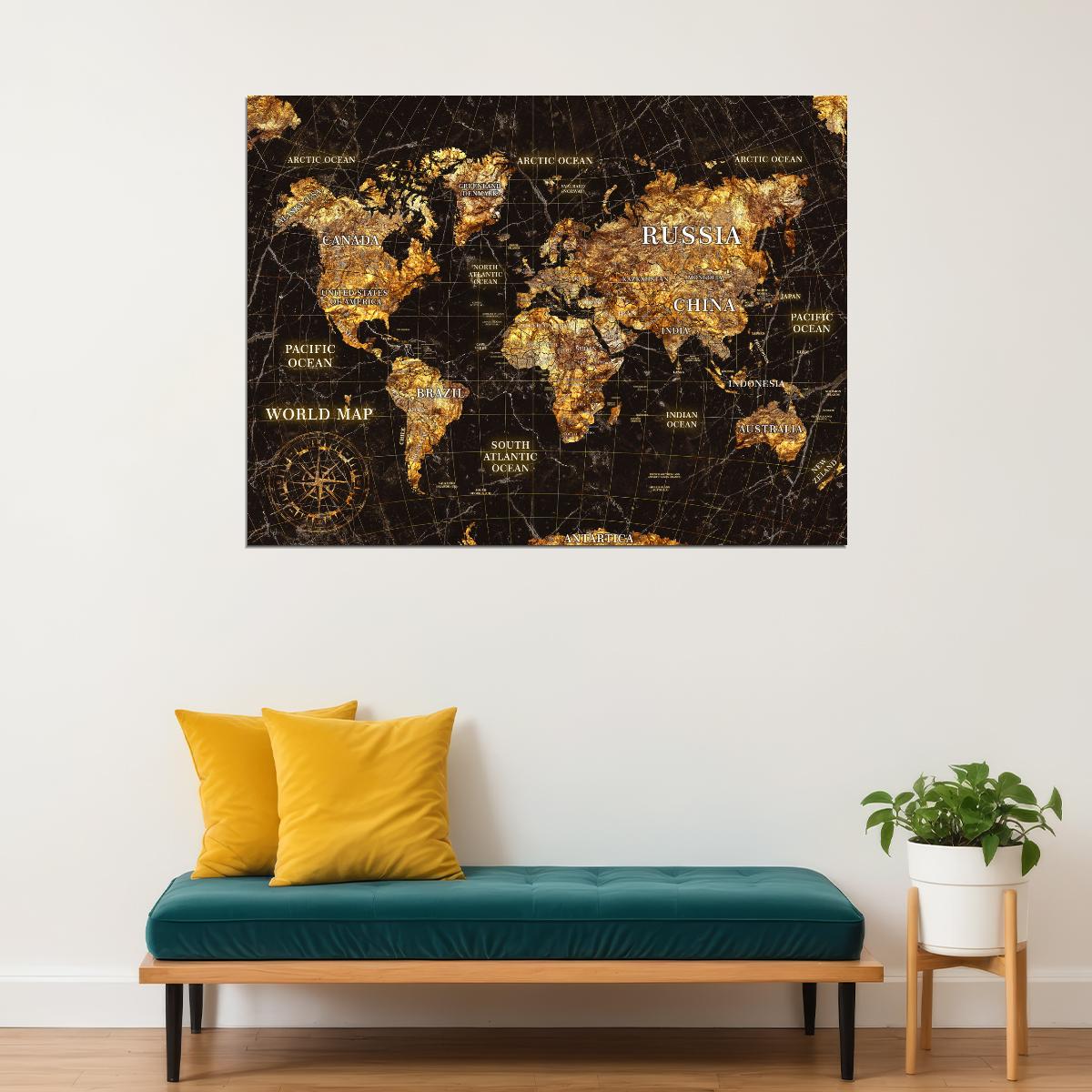 World Map Art Poster Vintage Gold Style Wall Decor Travel Themed Artistic Design Unique Map Wall Print - xonomax