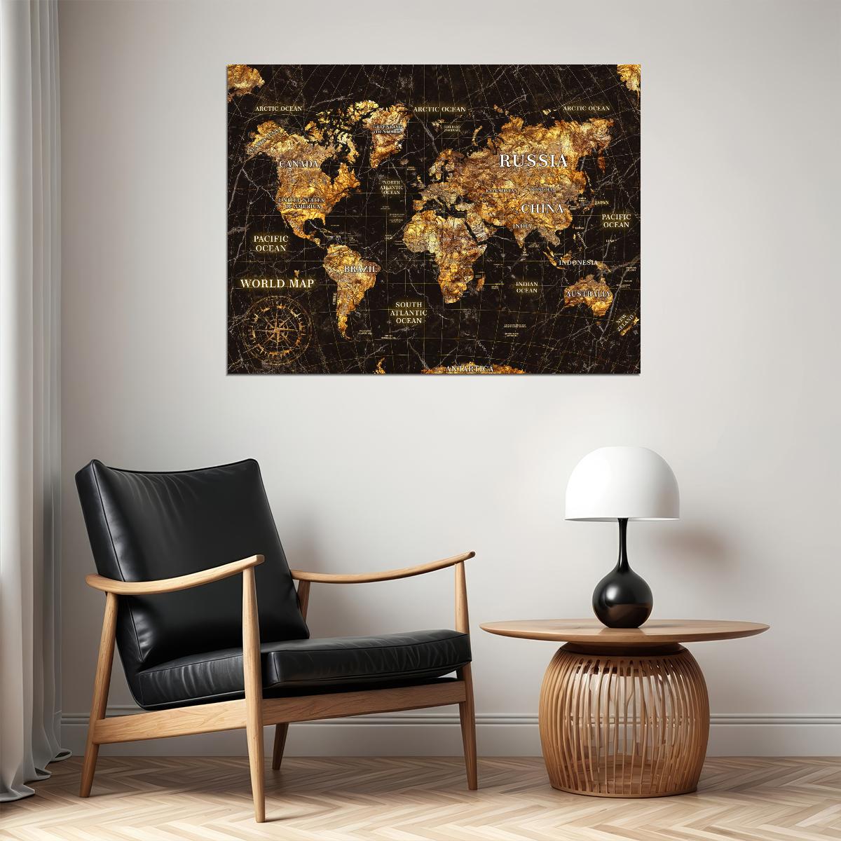 World Map Art Poster Vintage Gold Style Wall Decor Travel Themed Artistic Design Unique Map Wall Print - xonomax