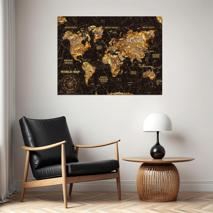 World Map Art Poster Vintage Gold Style Wall Decor Travel Themed Artistic Design Unique Map Wall Print - xonomax