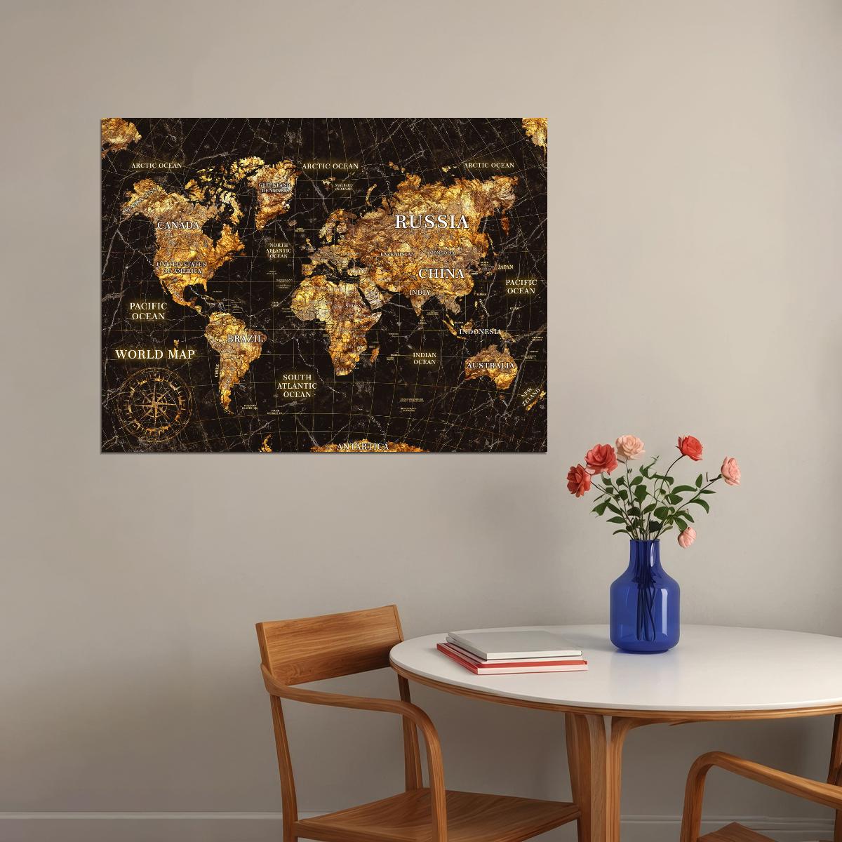 Poster - World Map Art Poster Vintage Gold Style Wall Decor Travel