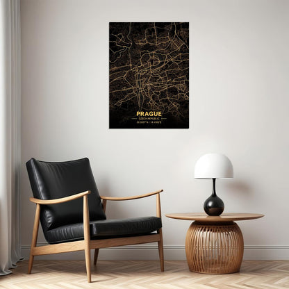 Prague Map Art Poster Black and Gold Wall Decor Modern Artistic City Map Design Unique Urban Wall Print