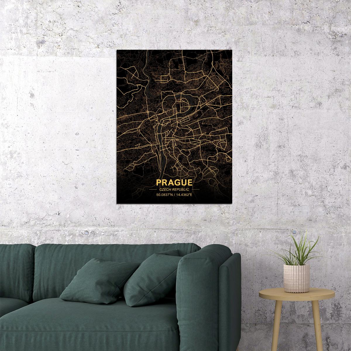 Prague Map Art Poster Black and Gold Wall Decor Modern Artistic City Map Design Unique Urban Wall Print