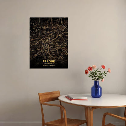 Prague Map Art Poster Black and Gold Wall Decor Modern Artistic City Map Design Unique Urban Wall Print