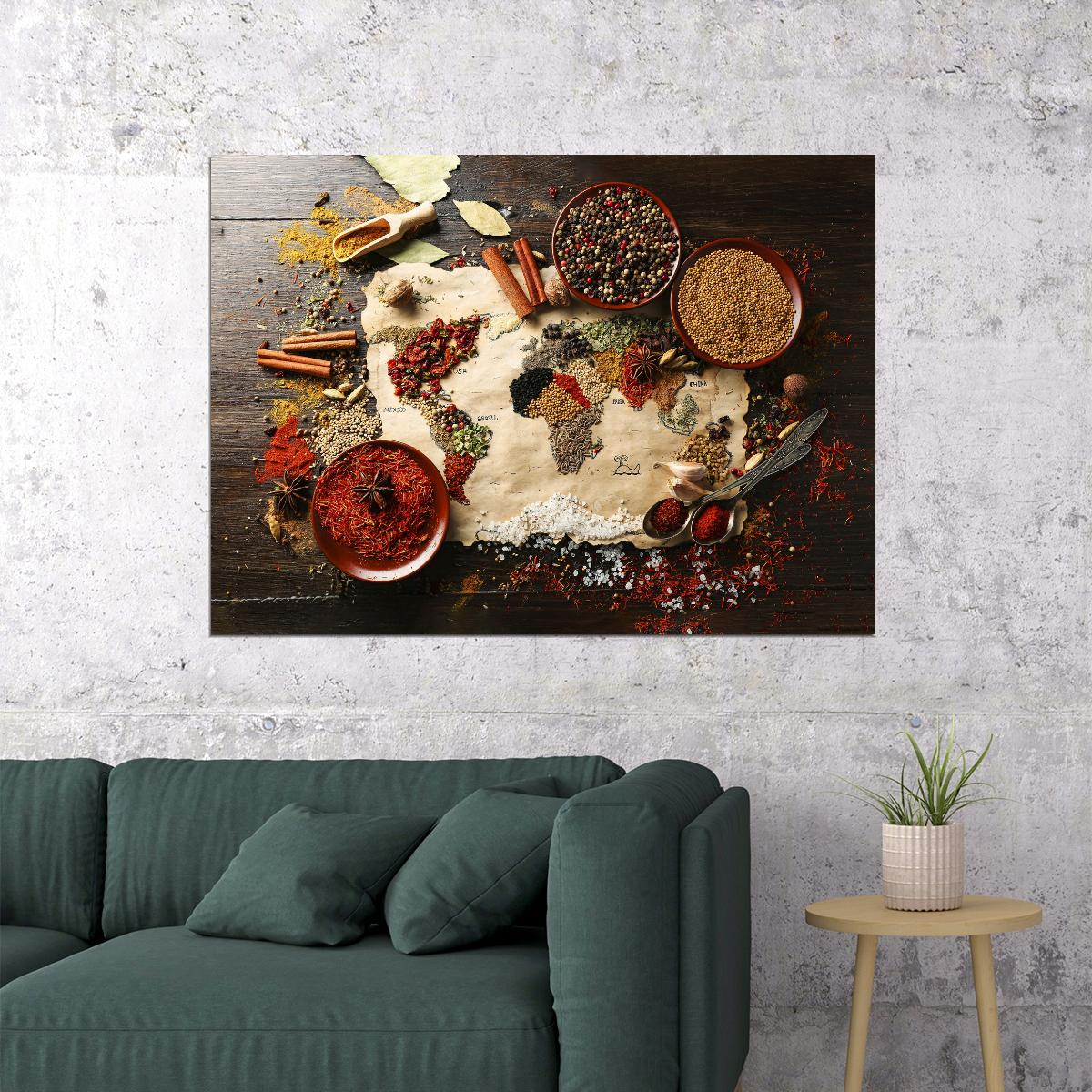 World Map Food Art Poster Culinary Travel Style Wall Decor Artistic Map Design Unique Kitchen Wall Print