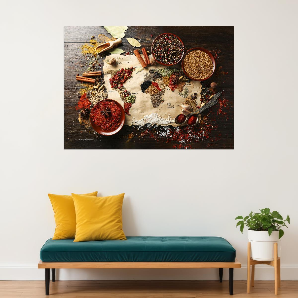 World Map Food Art Poster Culinary Travel Style Wall Decor Artistic Map Design Unique Kitchen Wall Print