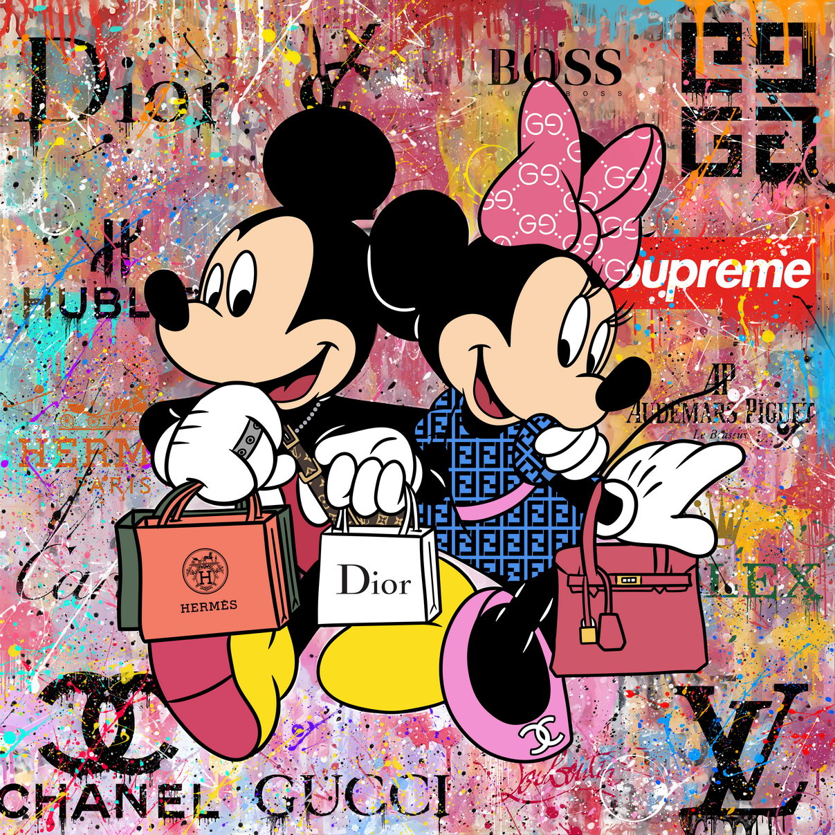 Mickey and Minnie Graffiti Art Poster Luxury Brands Wall Decor Modern Designer Artistic Pop Art Wall Print