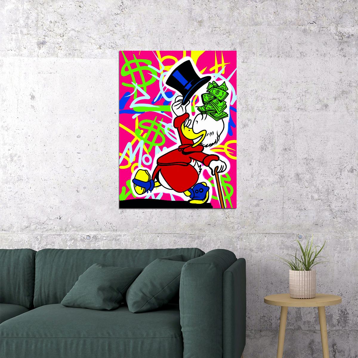 Scrooge McDuck Money and Glasses Graffiti Art Poster Bold Urban Wall Decor Cartoon Pop Art Style Wall Print