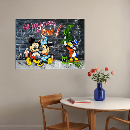 Mickey Mouse All You Need Is Love Graffiti Art Poster Urban Street Wall Decor Bold Cartoon Pop Art Style Wall Print