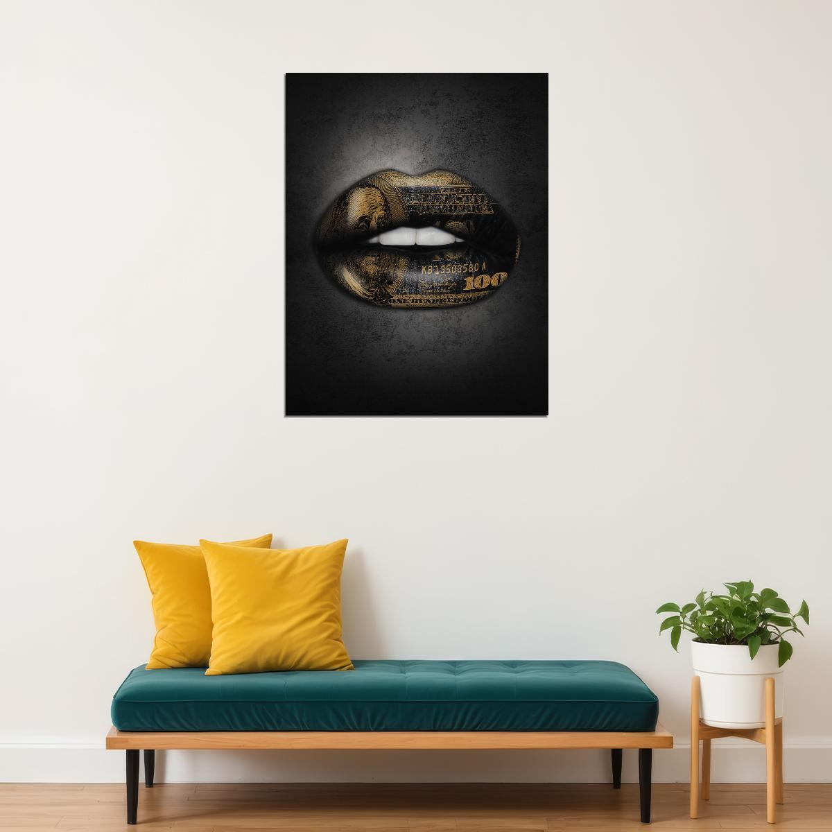 Gold Money Lips Art Poster Luxury Wall Decor Bold Artistic Design Modern Pop Art Style Wall Print