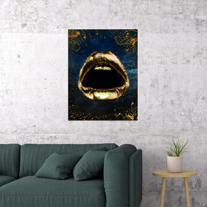 Golden Lips Art Poster Luxury Wall Decor Bold Artistic Modern Style Iconic Designer Wall Print