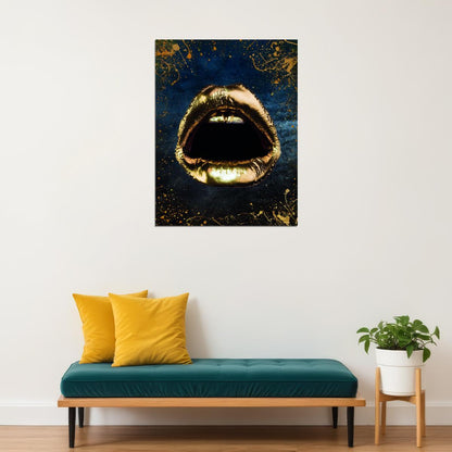 Golden Lips Art Poster Luxury Wall Decor Bold Artistic Modern Style Iconic Designer Wall Print