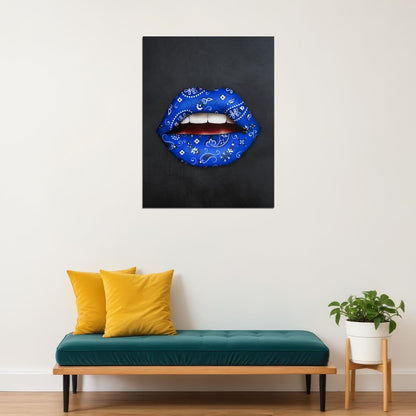 Blue Bandana Lips Art Poster Bold Modern Wall Decor Pop Art Style Unique Artistic Design Wall Print