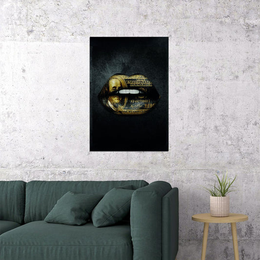 Money Lips Art Poster Black and Gold Design Wall Decor Bold Artistic Pop Art Style Modern Wall Print - xonomax
