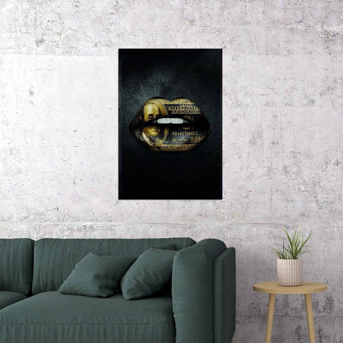 Money Lips Art Poster Black and Gold Design Wall Decor Bold Artistic Pop Art Style Modern Wall Print