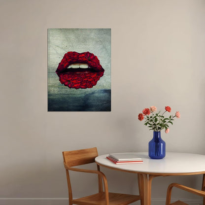 Red Rose Lips Art Poster Floral Artistic Design Wall Decor Modern Pop Art Style Bold Wall Print