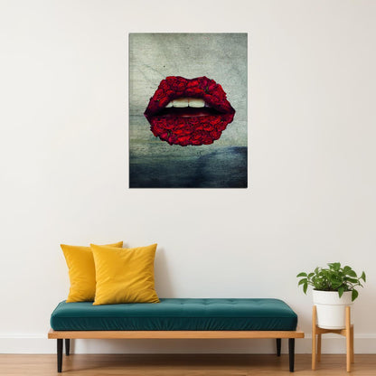 Red Rose Lips Art Poster Floral Artistic Design Wall Decor Modern Pop Art Style Bold Wall Print