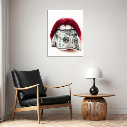 Money Lips Art Poster Red and White Design Wall Decor Bold Artistic Modern Pop Art Style Wall Print