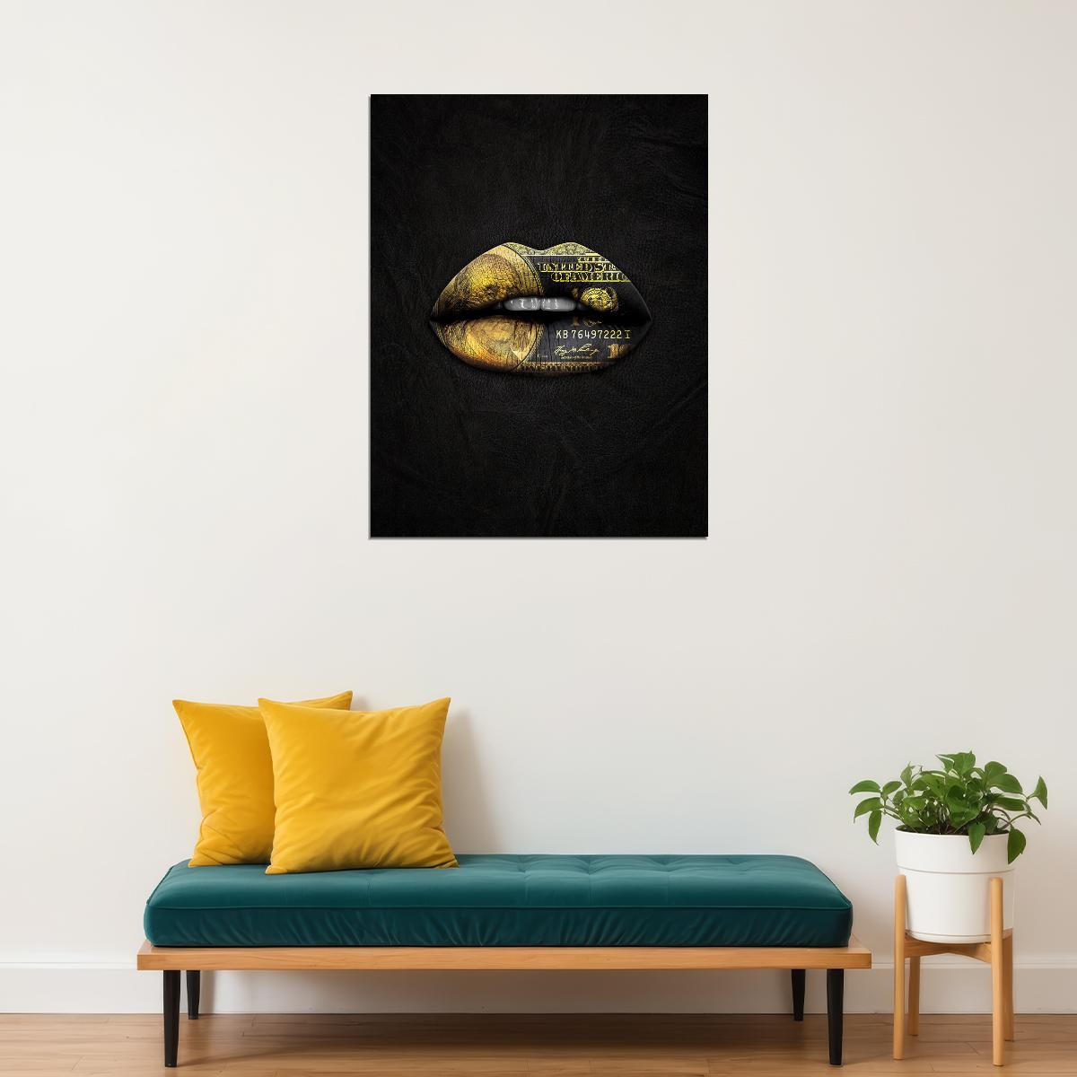 Gold Money Lips Art Poster Black and Gold Wall Decor Bold Artistic Design Modern Pop Art Style Wall Print - xonomax